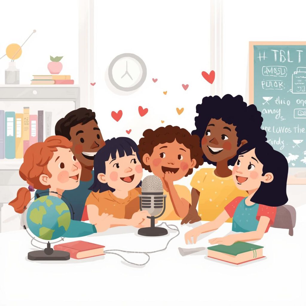 een getekende groep leerlingen die op een podcast voor hun leerkracht maken