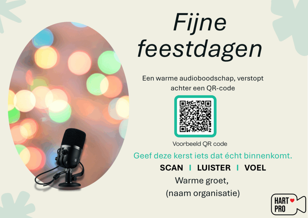 Kerstgroet Podcastkaart van Hartpro – kerstkaart met QR-code voor persoonlijke audioboodschap.