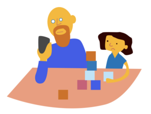 Illustratie van ouder en kind in gesprek over schermgebruik tijdens de Week van de Mediawijsheid
